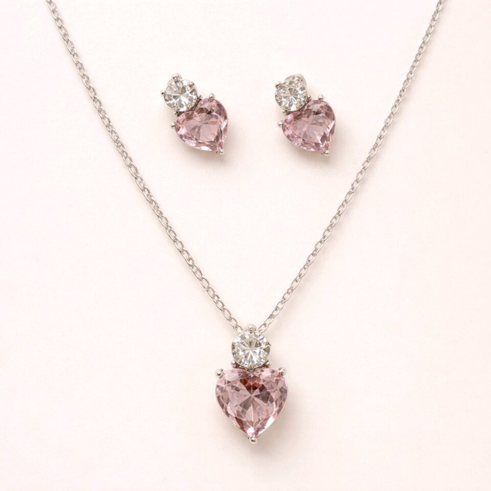 Set collar + aretes forma de corazón rosa