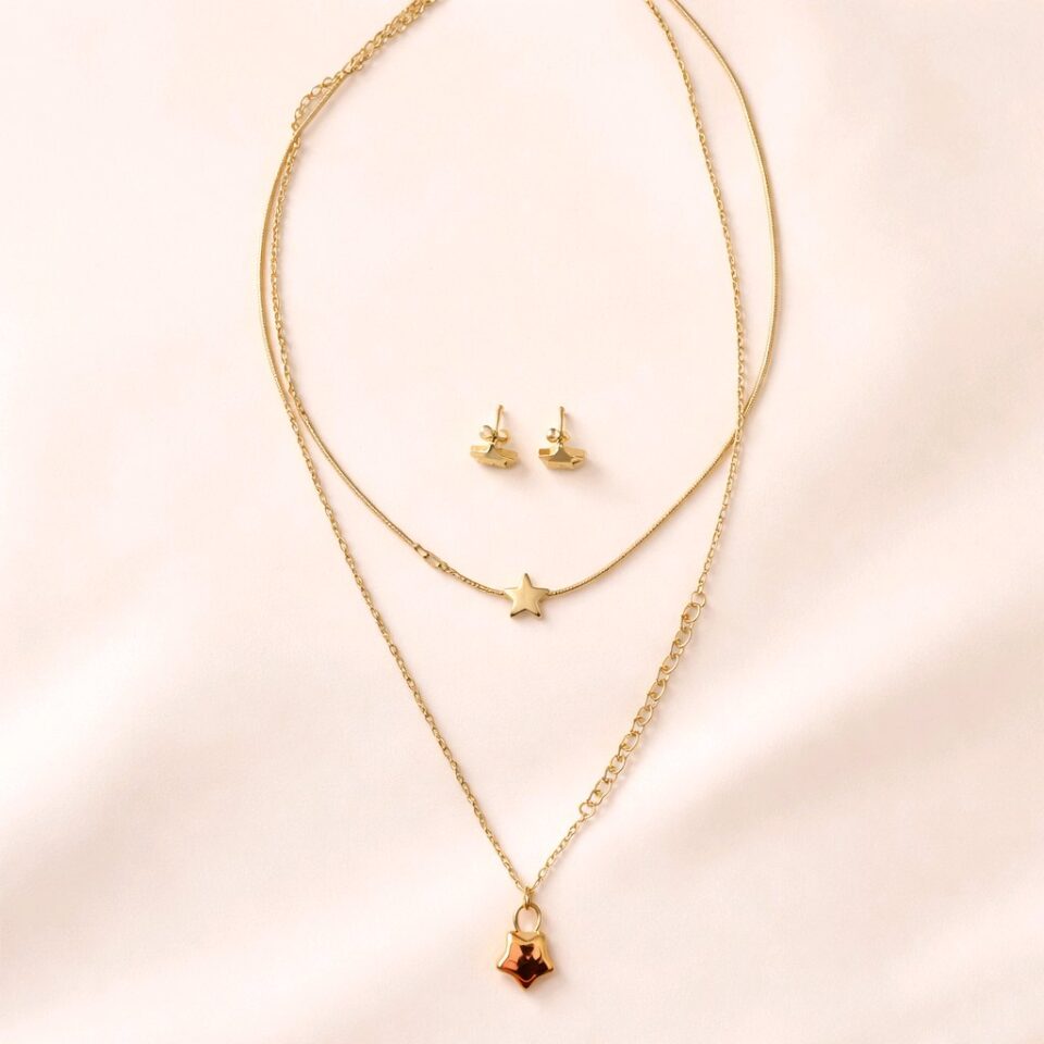 Set collar dos tiempos con estrella + aretes